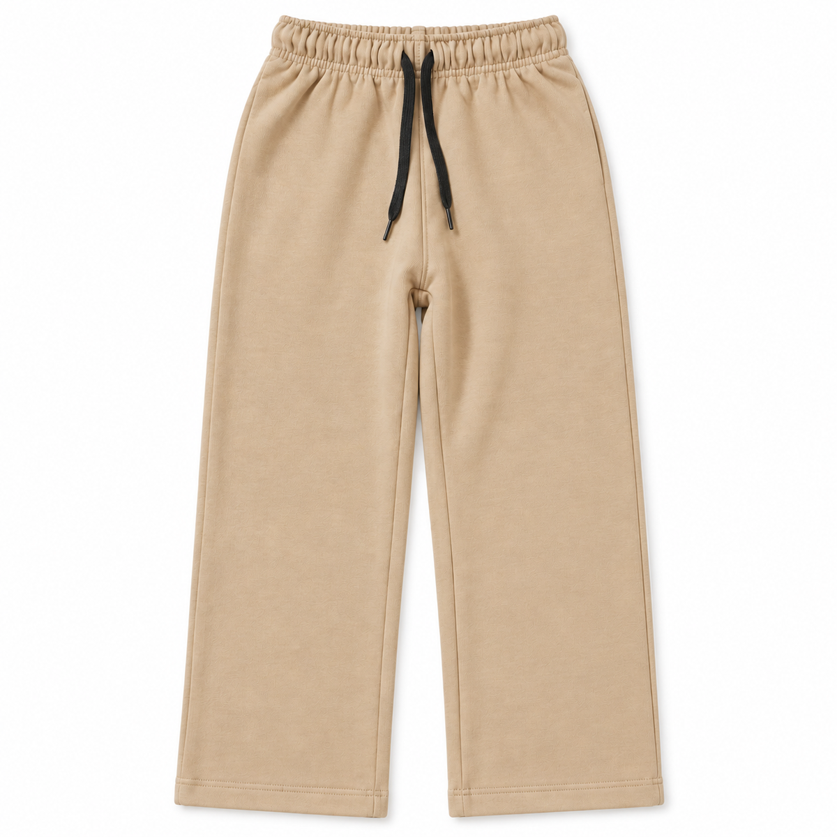 Front view of boys and girls beige terry trousers with straight-leg fit, front seams and black drawstring waist