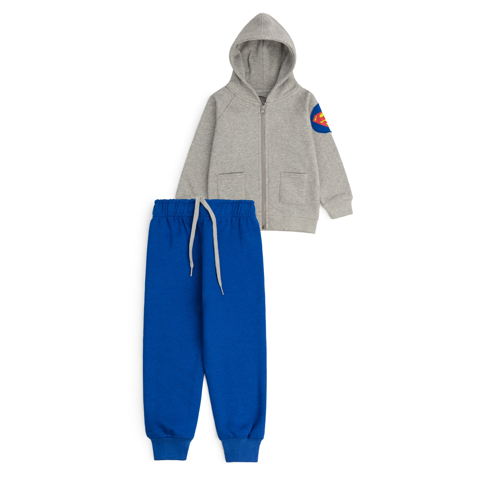 Grey full-zip hoodie and royal blue jogger set for boys with a colorful superhero sleeve patch and drawstring waist.