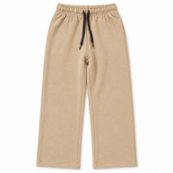 Front view of boys and girls beige terry trousers with straight-leg fit, front seams and black drawstring waist