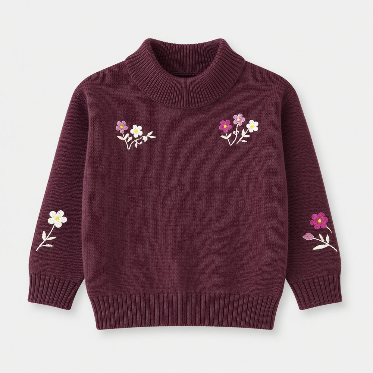 Front view of a deep-plum cotton mock-neck sweater for girls, featuring pink and white floral embroidery across the chest and long sleeves.
