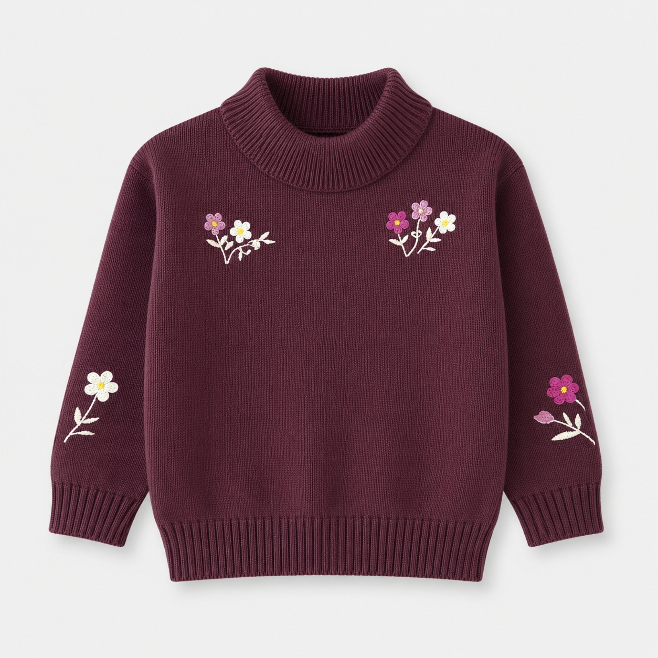 Front view of a deep-plum cotton mock-neck sweater for girls, featuring pink and white floral embroidery across the chest and long sleeves.