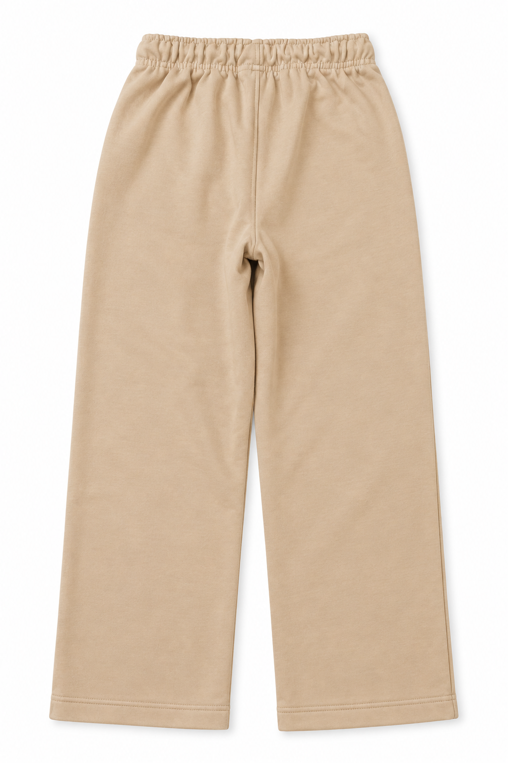 Back view of boys and girls beige terry straight-leg trousers with elasticated waistband