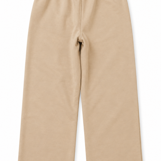 Back view of boys and girls beige terry straight-leg trousers with elasticated waistband