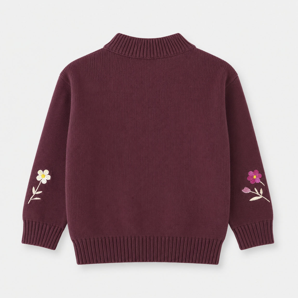 Back view of the girls deep-plum cotton sweater, showing a plain finish, floral embroidery on both sleeves and a ribbed mock neckline.