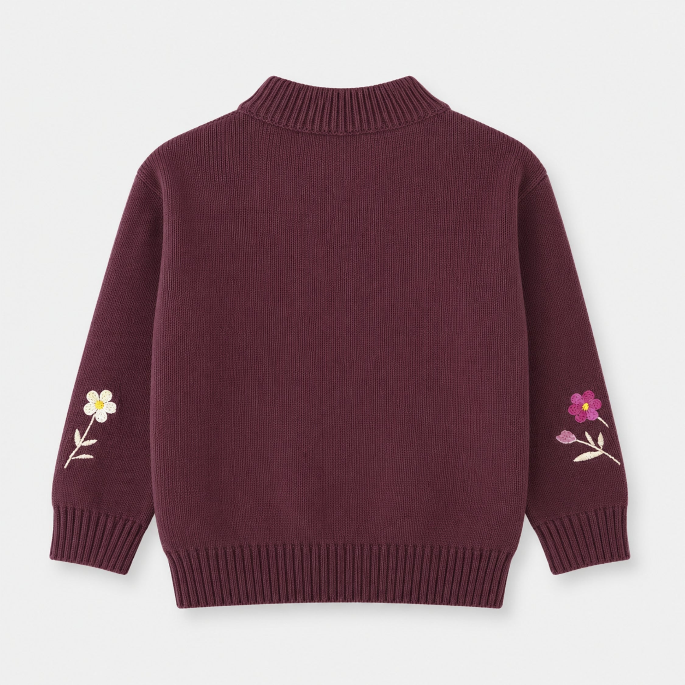 Back view of the girls deep-plum cotton sweater, showing a plain finish, floral embroidery on both sleeves and a ribbed mock neckline.