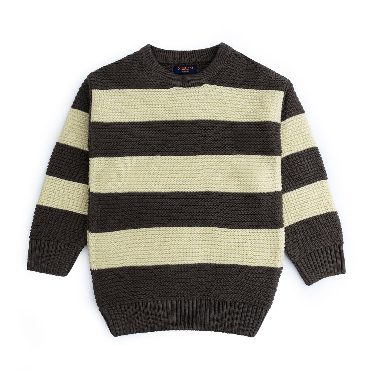 Boys acrylic sweater featuring wide espresso brown and buttercream horizontal stripes, a crew neck, long sleeves and ribbed edges.