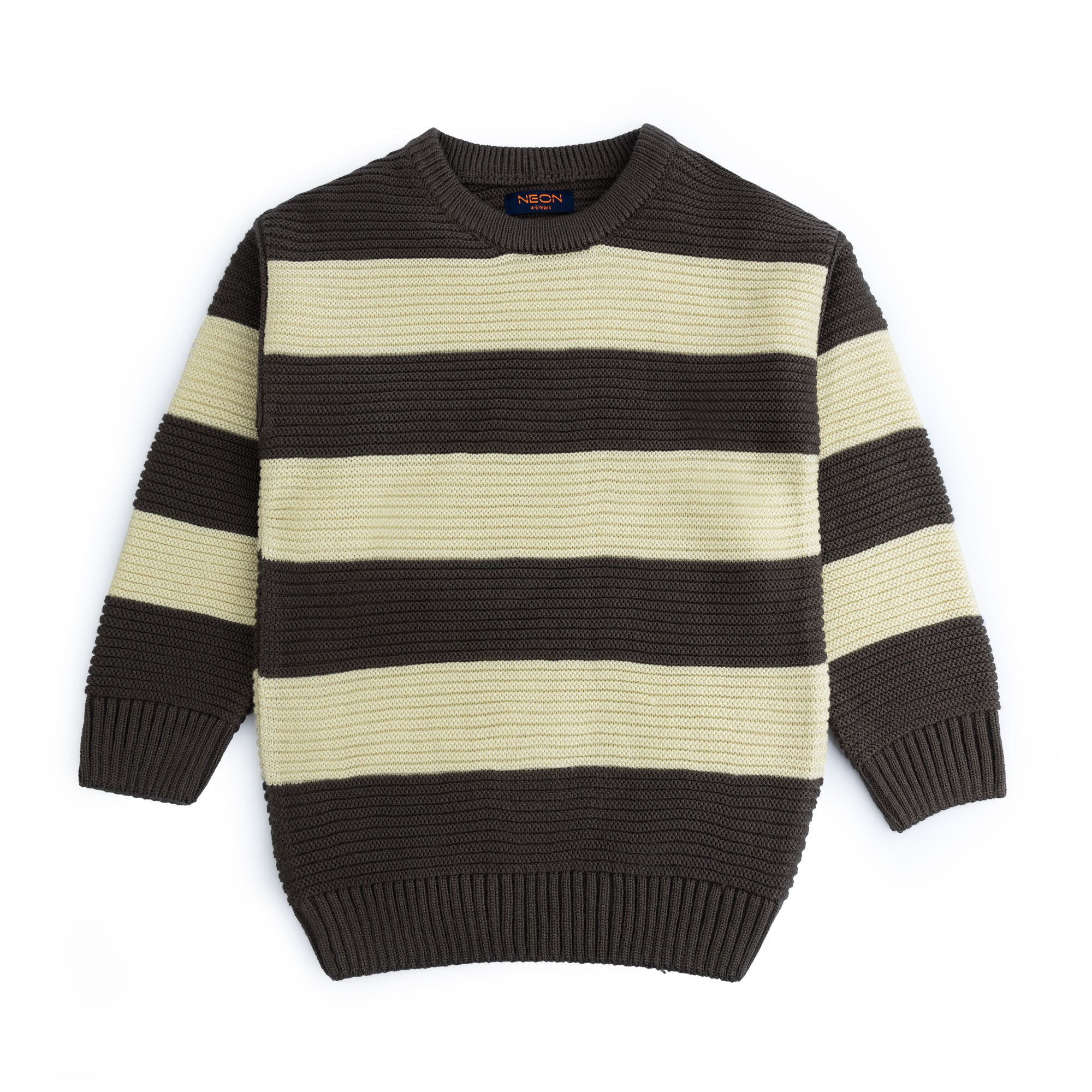 Boys acrylic sweater featuring wide espresso brown and buttercream horizontal stripes, a crew neck, long sleeves and ribbed edges.