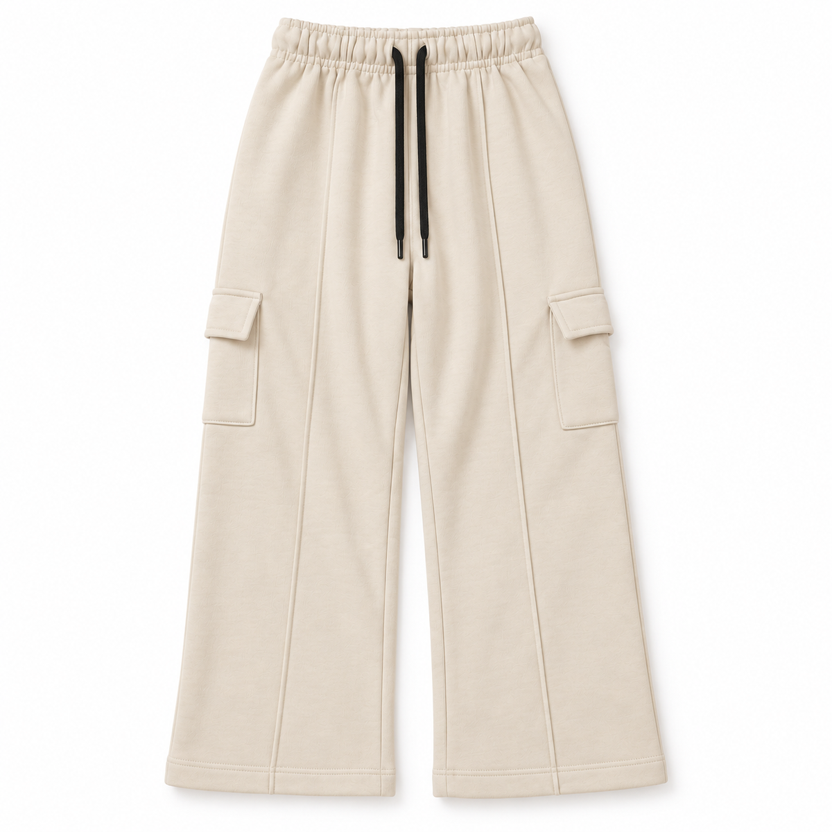 Front view of boys and girls cream terry cargo trousers with wide-leg fit, side flap pockets and black drawstring waist