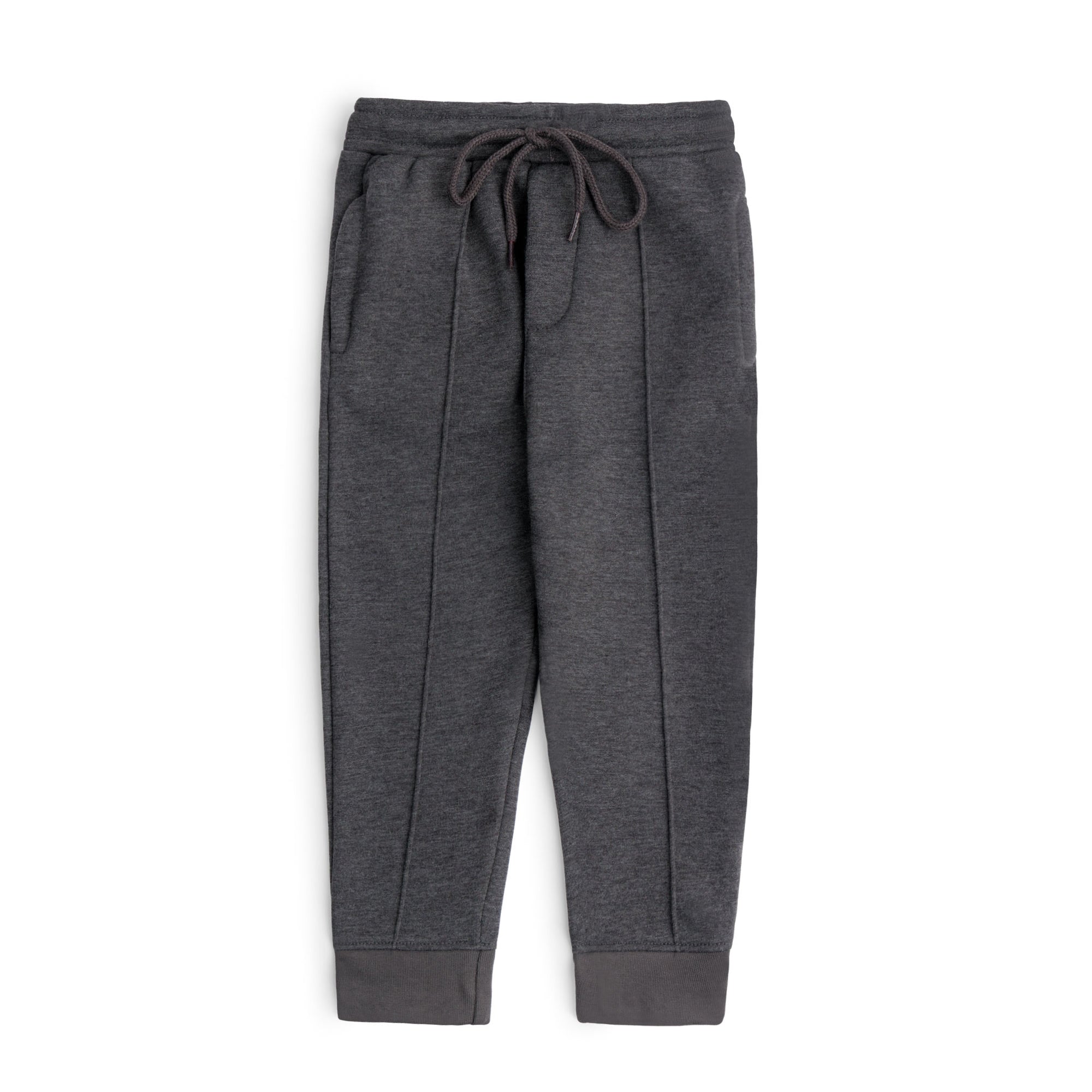 Charcoal fleece joggers for kids with an elasticated waistband, matching drawstring, side pockets, pintuck seams and ribbed cuffs.