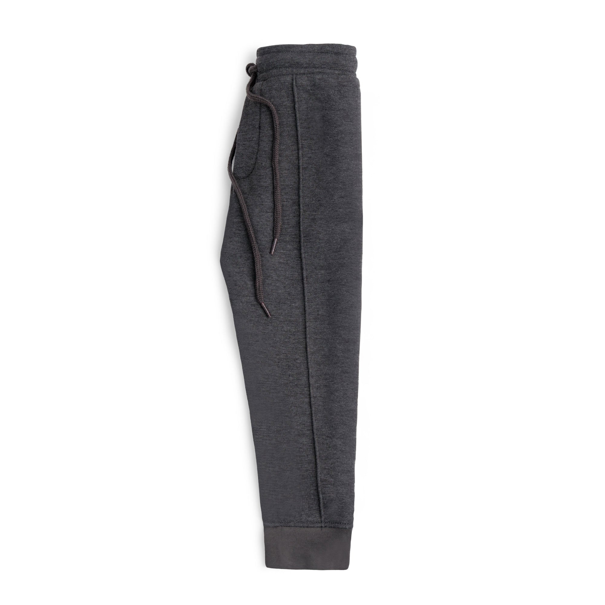 Side view of the kids charcoal fleece joggers showing the side pocket, pintuck seam and regular fit.