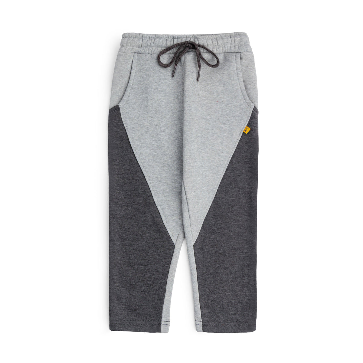 Heather grey fleece joggers for boys with charcoal color block panels, an elasticated waistband, contrast drawstring and side pockets.