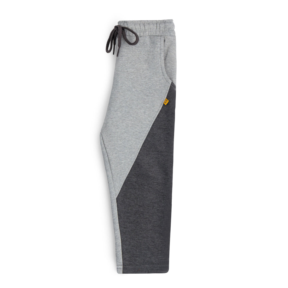 Side view of the boys heather grey fleece joggers showing the side pocket, charcoal color block panel and straight hem.
