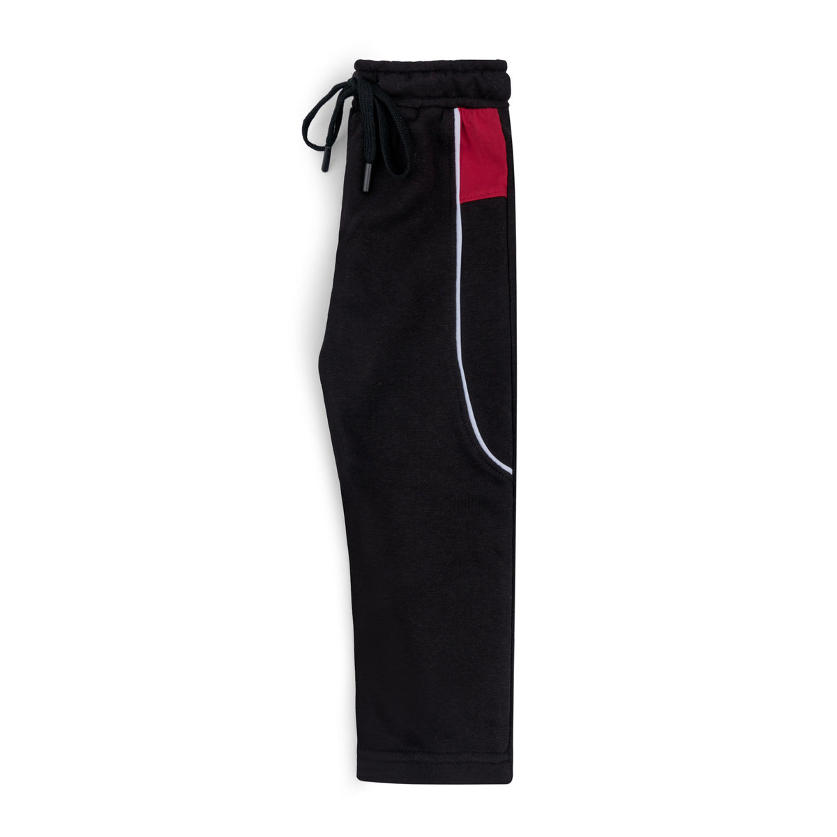 Side view of the boys black terry joggers showing the maroon color block panel, white piping, side pocket and straight hem.