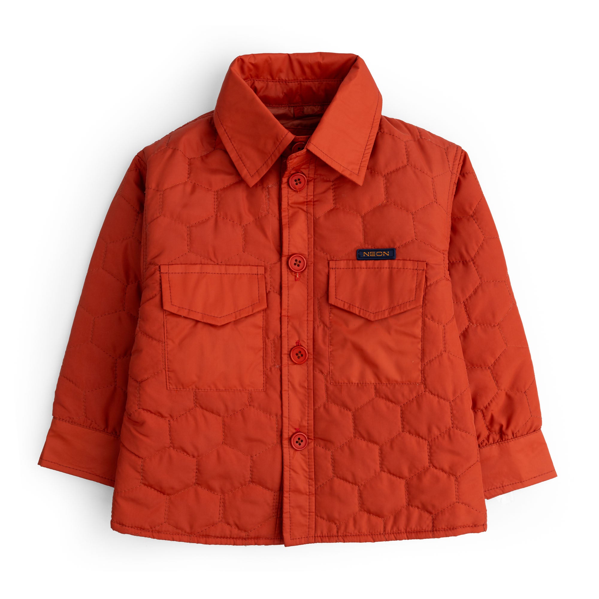 Boys rust orange parachute shirt jacket featuring hexagonal quilting, a pointed collar, button-front closure and two flap chest pockets.