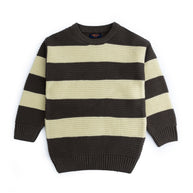 Boys acrylic sweater featuring wide espresso brown and buttercream horizontal stripes, a crew neck, long sleeves and ribbed edges.