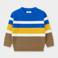 Front view of a boys acrylic sweater featuring bold horizontal stripes in royal blue, golden yellow, white and taupe brown, with ribbed edges.