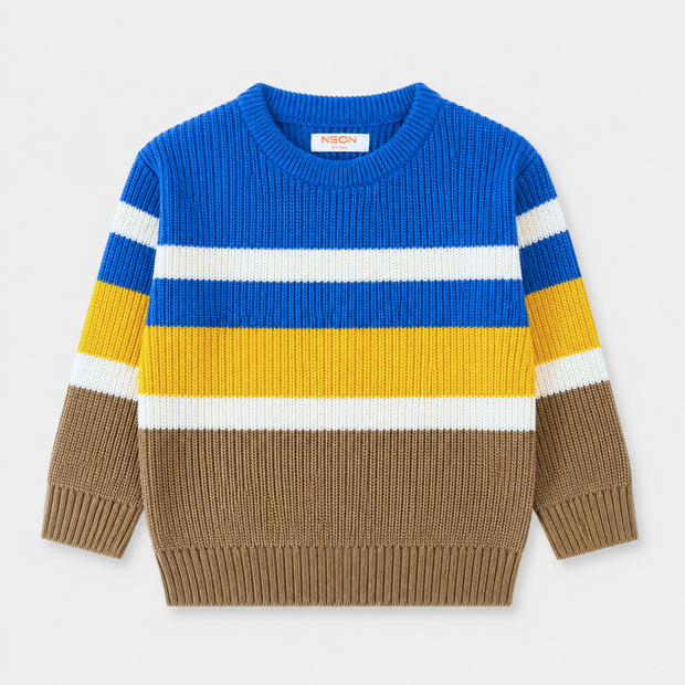 Front view of a boys acrylic sweater featuring bold horizontal stripes in royal blue, golden yellow, white and taupe brown, with ribbed edges.