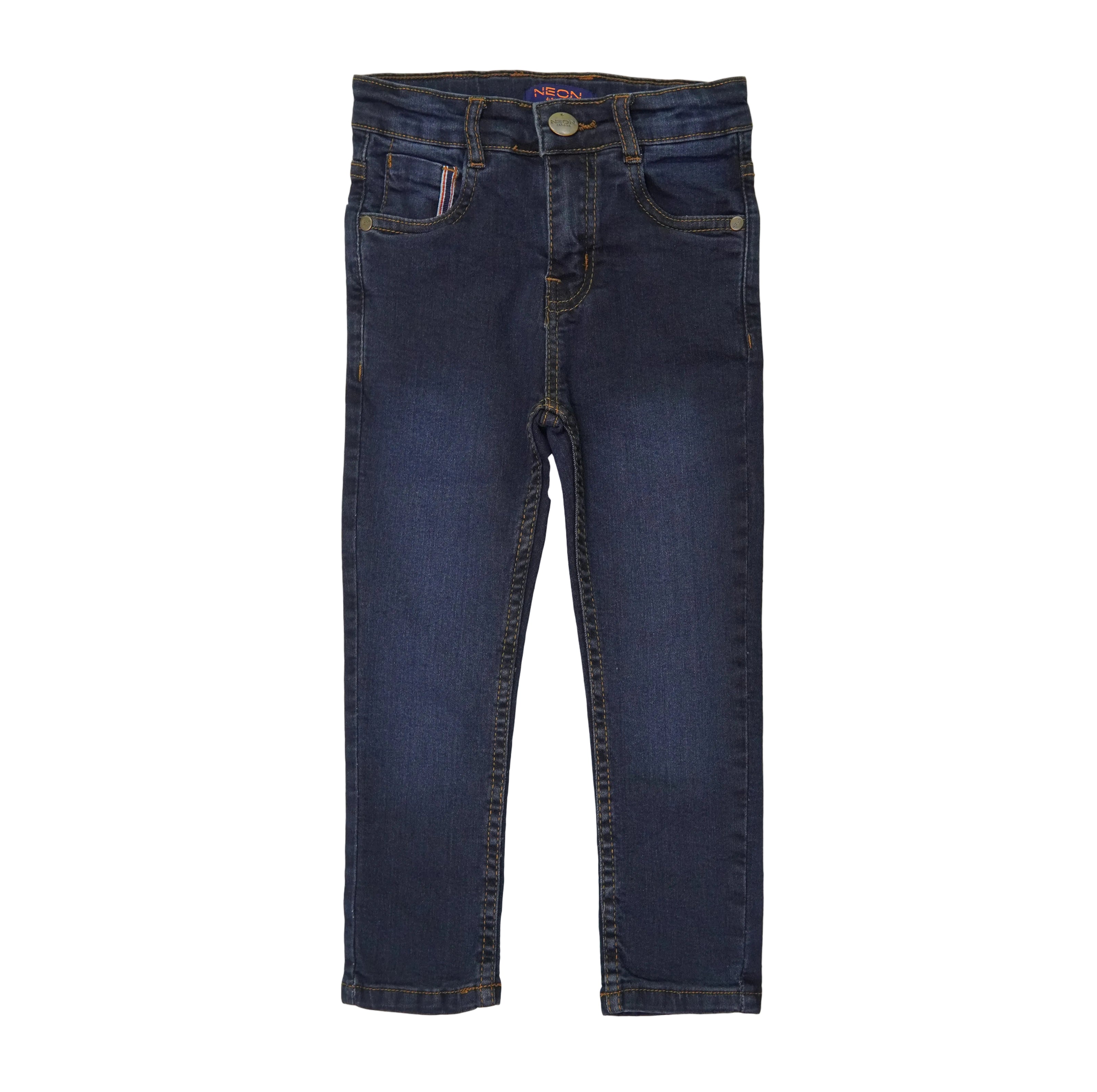 Deep indigo denim for kids with a slim fit, button fastening, belt loops, contrast stitching and five-pocket design.