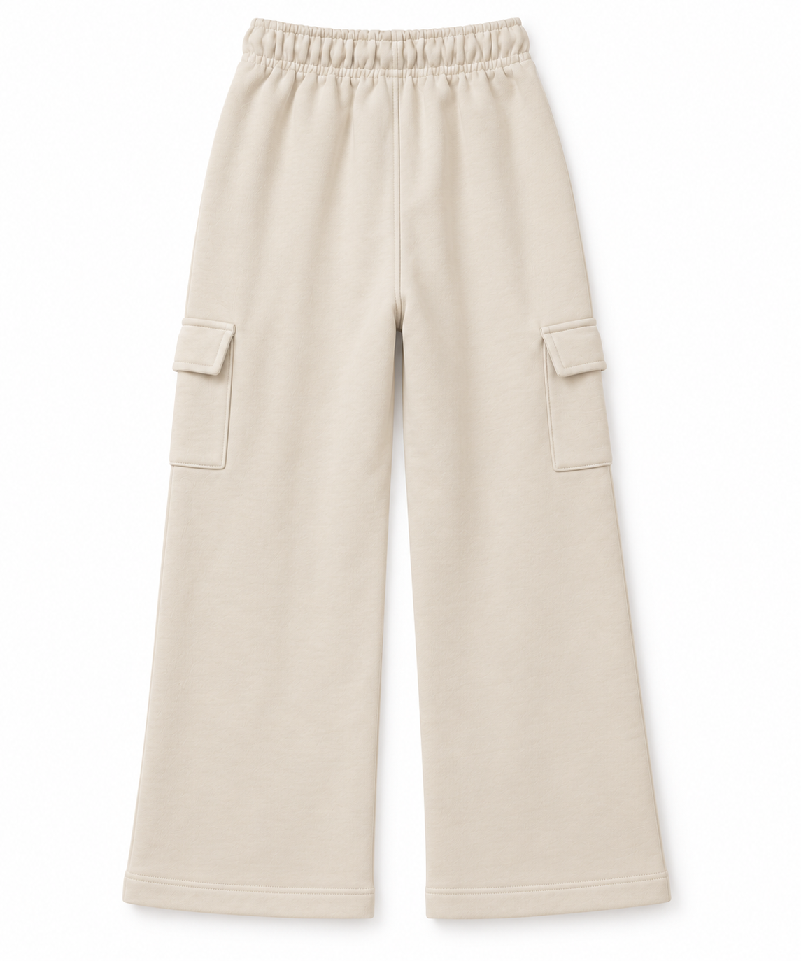 Back view of boys and girls cream terry cargo trousers with wide-leg silhouette and elasticated waistband