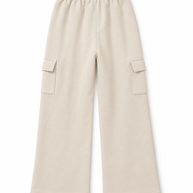 Back view of boys and girls cream terry cargo trousers with wide-leg silhouette and elasticated waistband