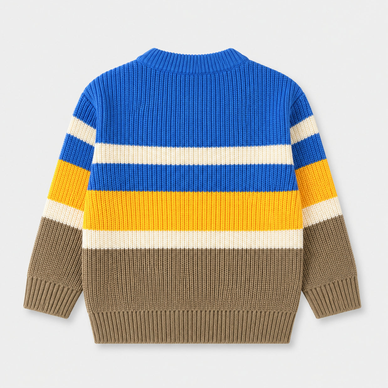 Back view of the boys striped sweater, showing matching multicolor panels across the body and sleeves with a ribbed crew neck, cuffs and bottom edge.