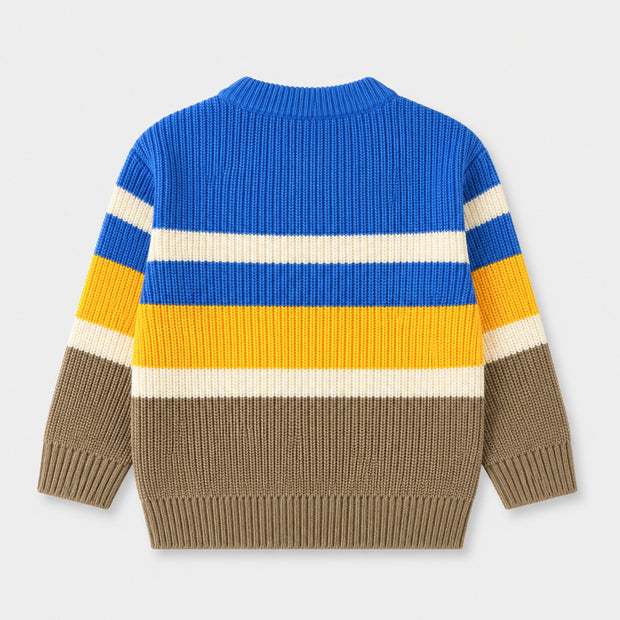 Back view of the boys striped sweater, showing matching multicolor panels across the body and sleeves with a ribbed crew neck, cuffs and bottom edge.