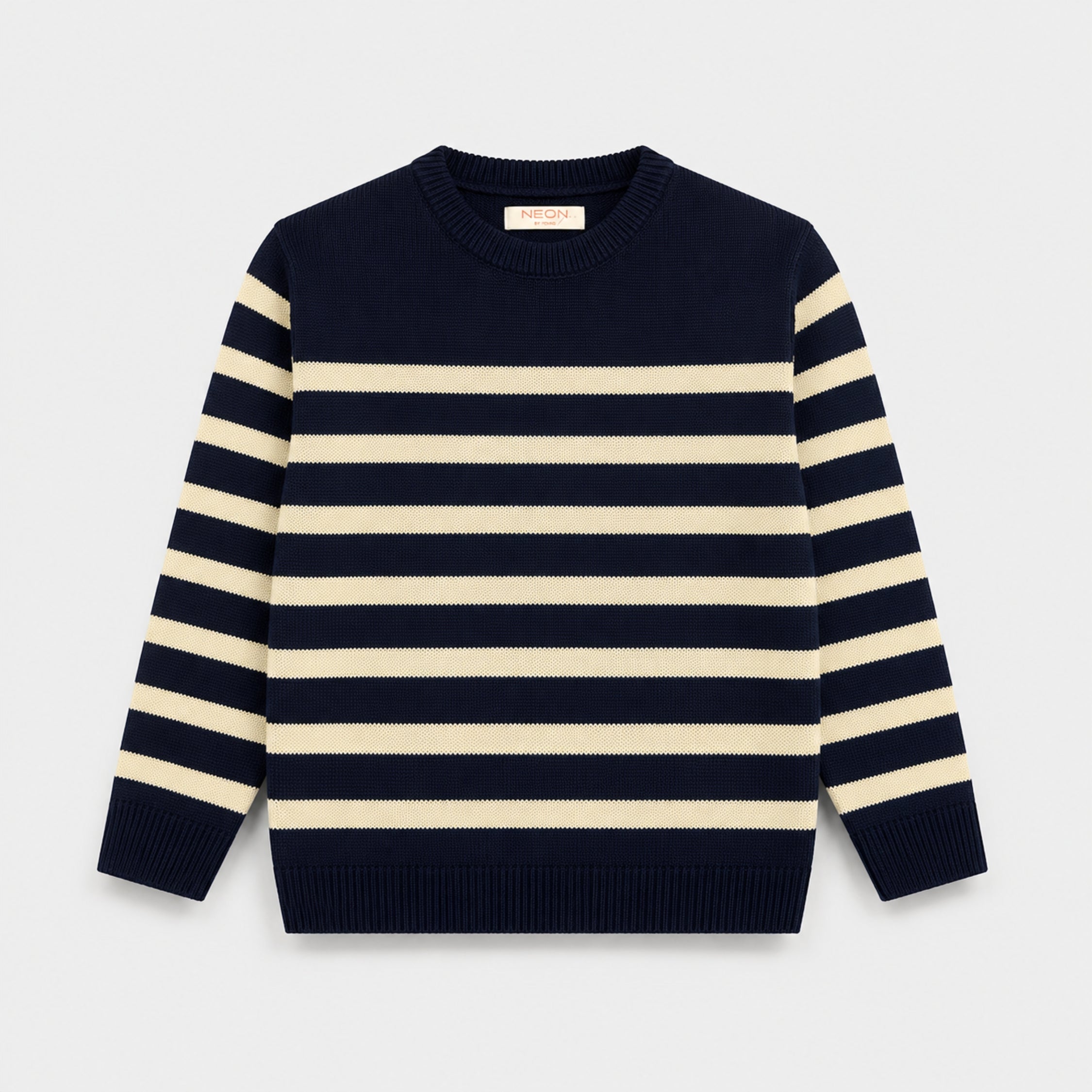 Front view of a boys Atlantic Navy and cream striped acrylic sweater featuring a crew neckline, long sleeves and comfortable ribbed finishes.