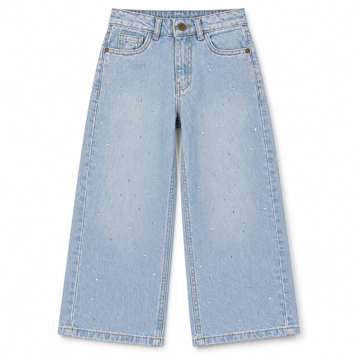Front view of girls light blue wide-leg denim jeans with scattered rhinestone embellishments and classic five-pocket styling