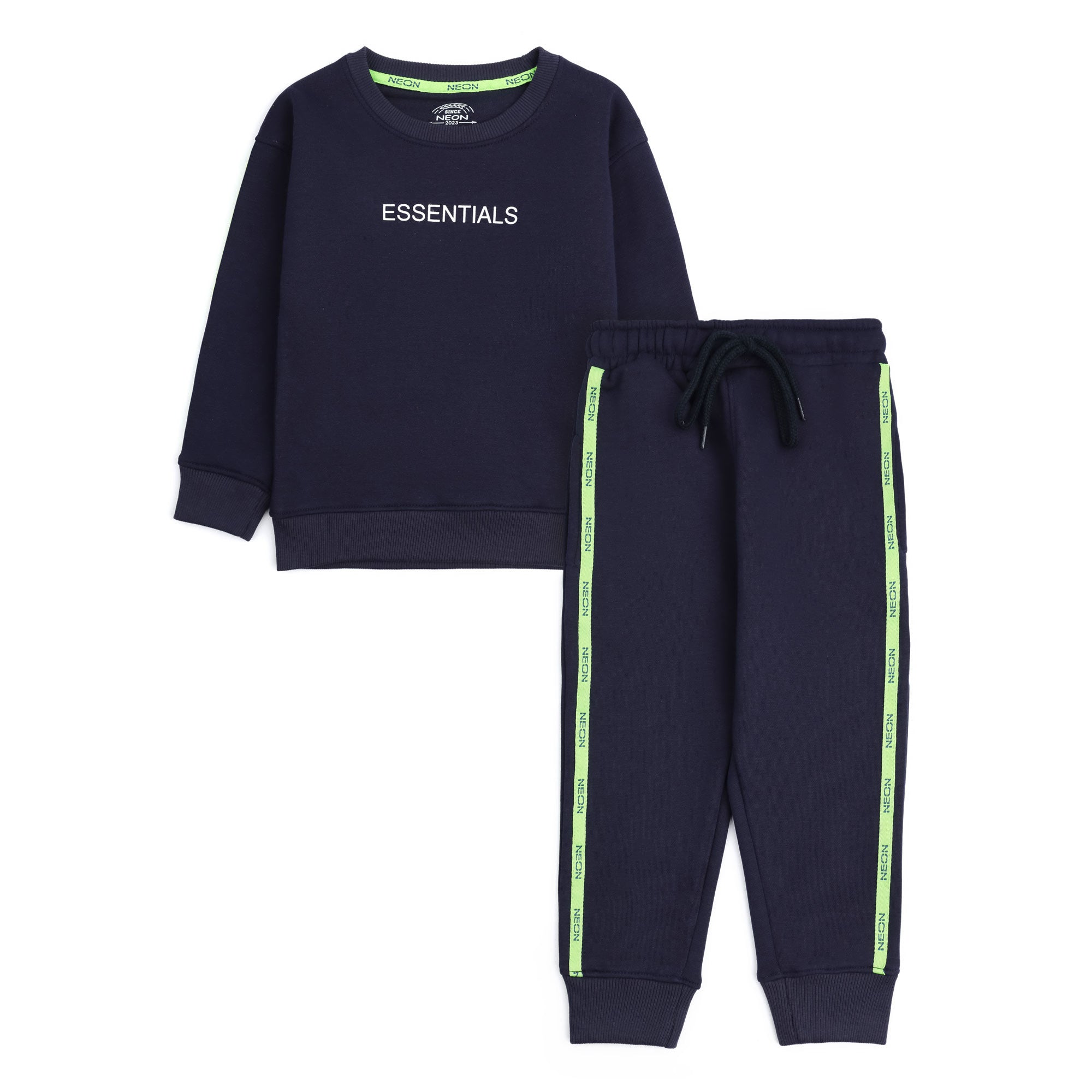 Navy boys’ fleece sweatshirt and jogger set with Essentials chest print, neon green branded side tapes and ribbed cuffs.
