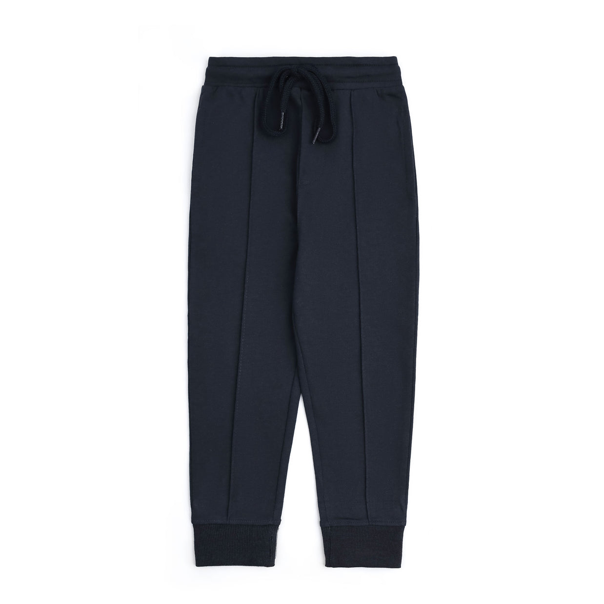 Navy blue fleece joggers for boys with an elasticated waistband, matching drawstring, front pintuck seams and ribbed ankle cuffs.