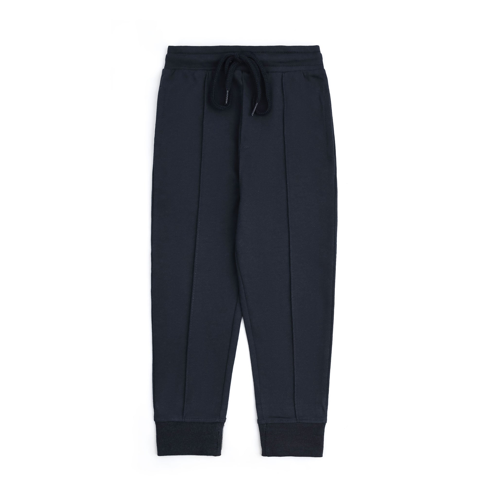 Navy blue fleece joggers for boys with an elasticated waistband, matching drawstring, front pintuck seams and ribbed ankle cuffs.