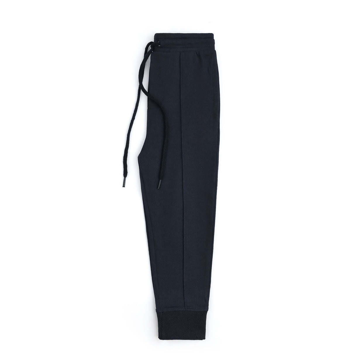 Side view of the boys navy fleece joggers showing the side pocket, pintuck seam and ribbed ankle cuff.