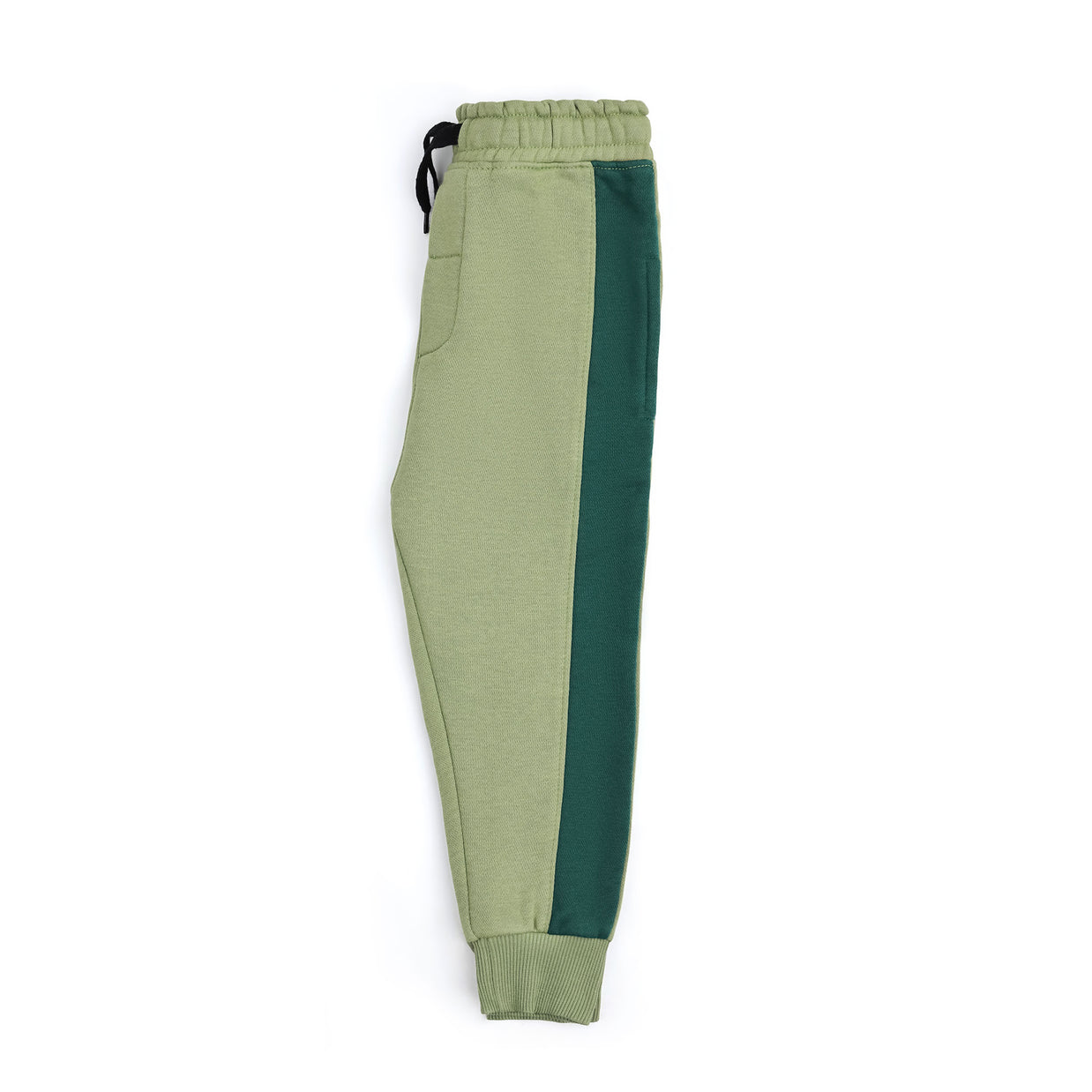 Side view of the boys sage green fleece joggers showing the dark green color block panel and ribbed ankle cuff.