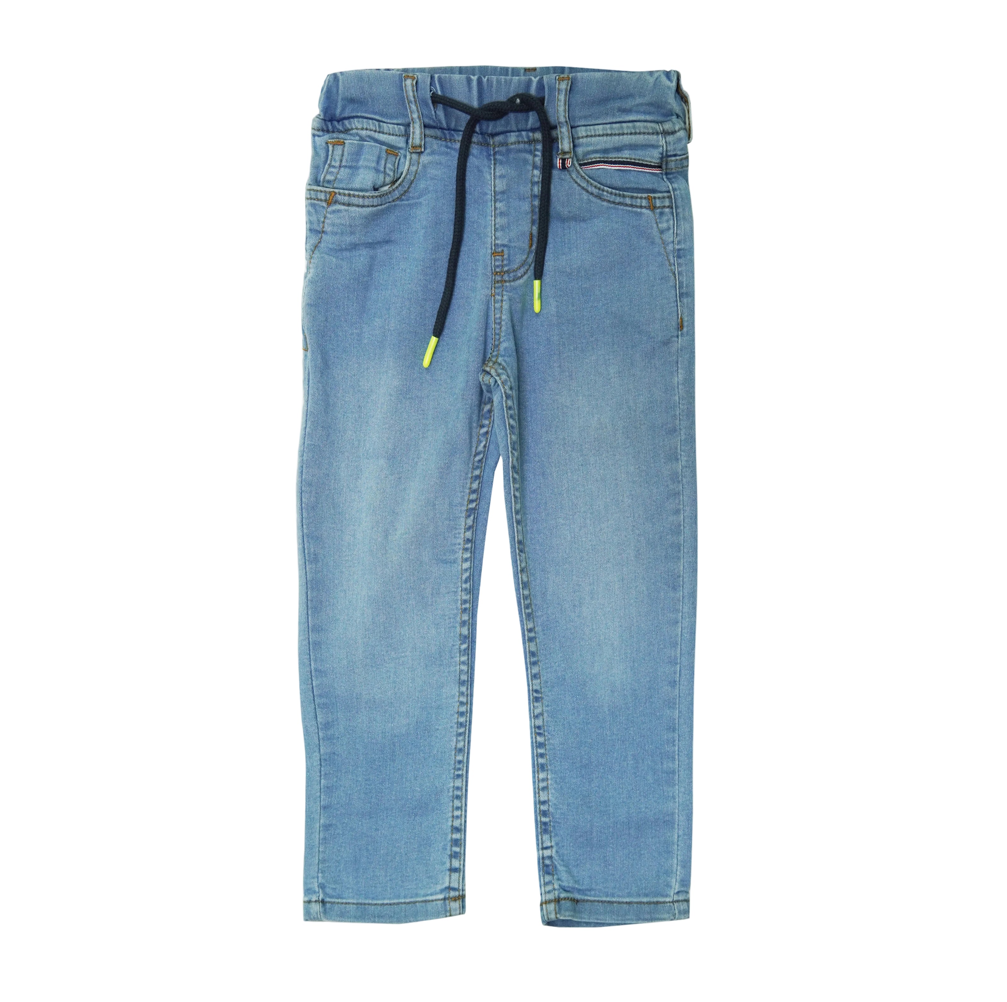 Light wash denim for kids with a slim fit, elasticated waist, navy drawstring, five-pocket design and neon yellow tips.