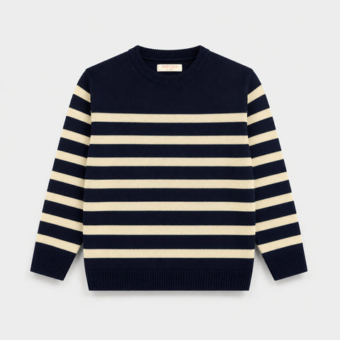 Front view of a boys Atlantic Navy and cream striped acrylic sweater featuring a crew neckline, long sleeves and comfortable ribbed finishes.