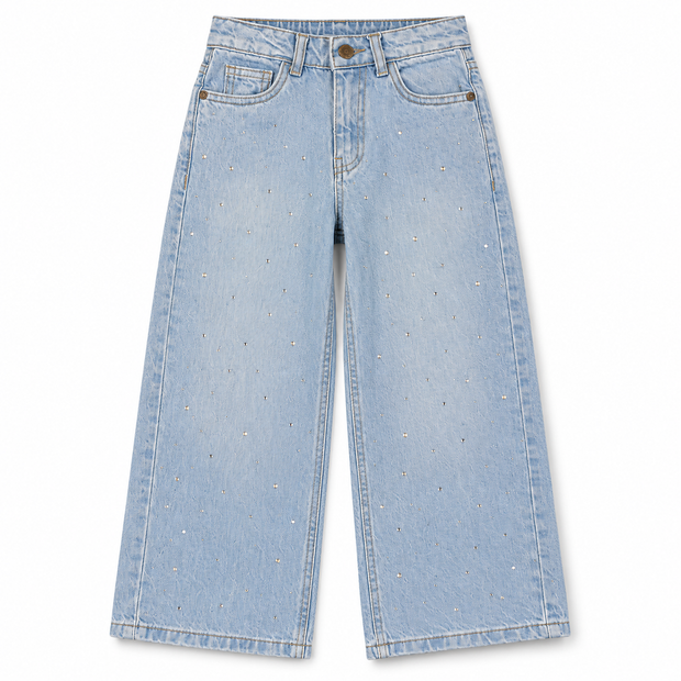 Front view of girls light blue wide-leg denim jeans with scattered rhinestone embellishments and classic five-pocket styling