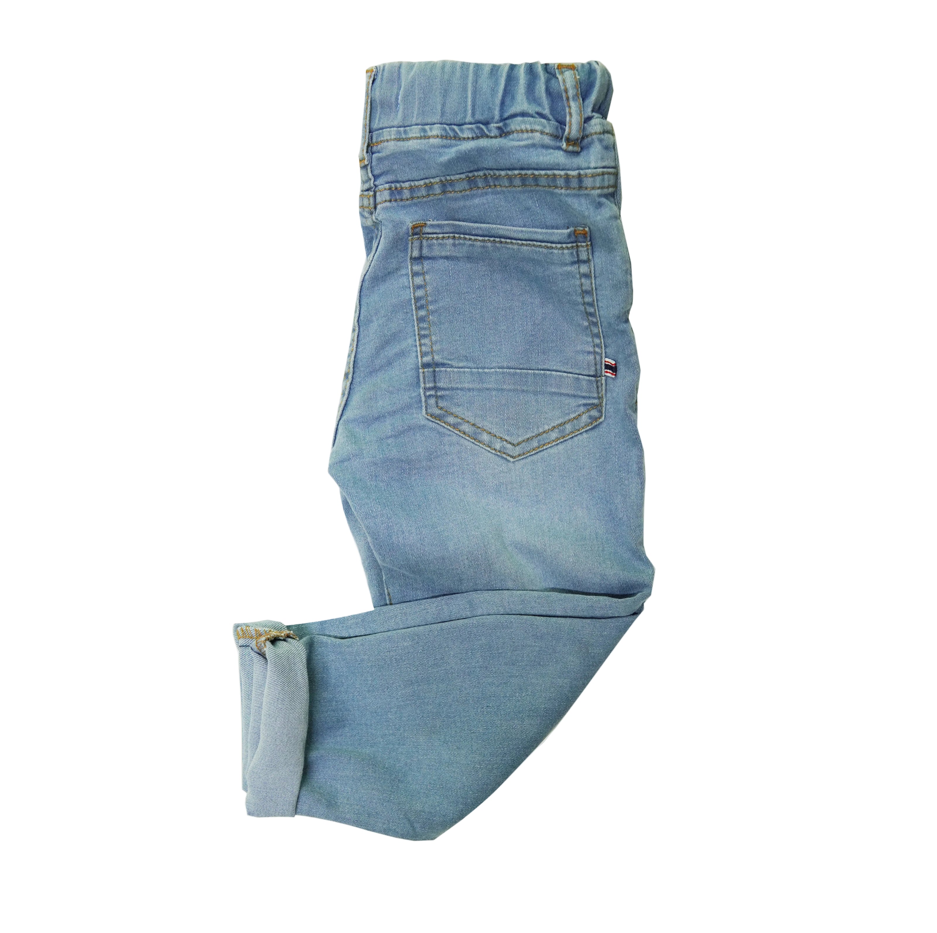Back view of the kids light wash drawstring denim showing the back pocket, cuffed hem and contrast stitching.