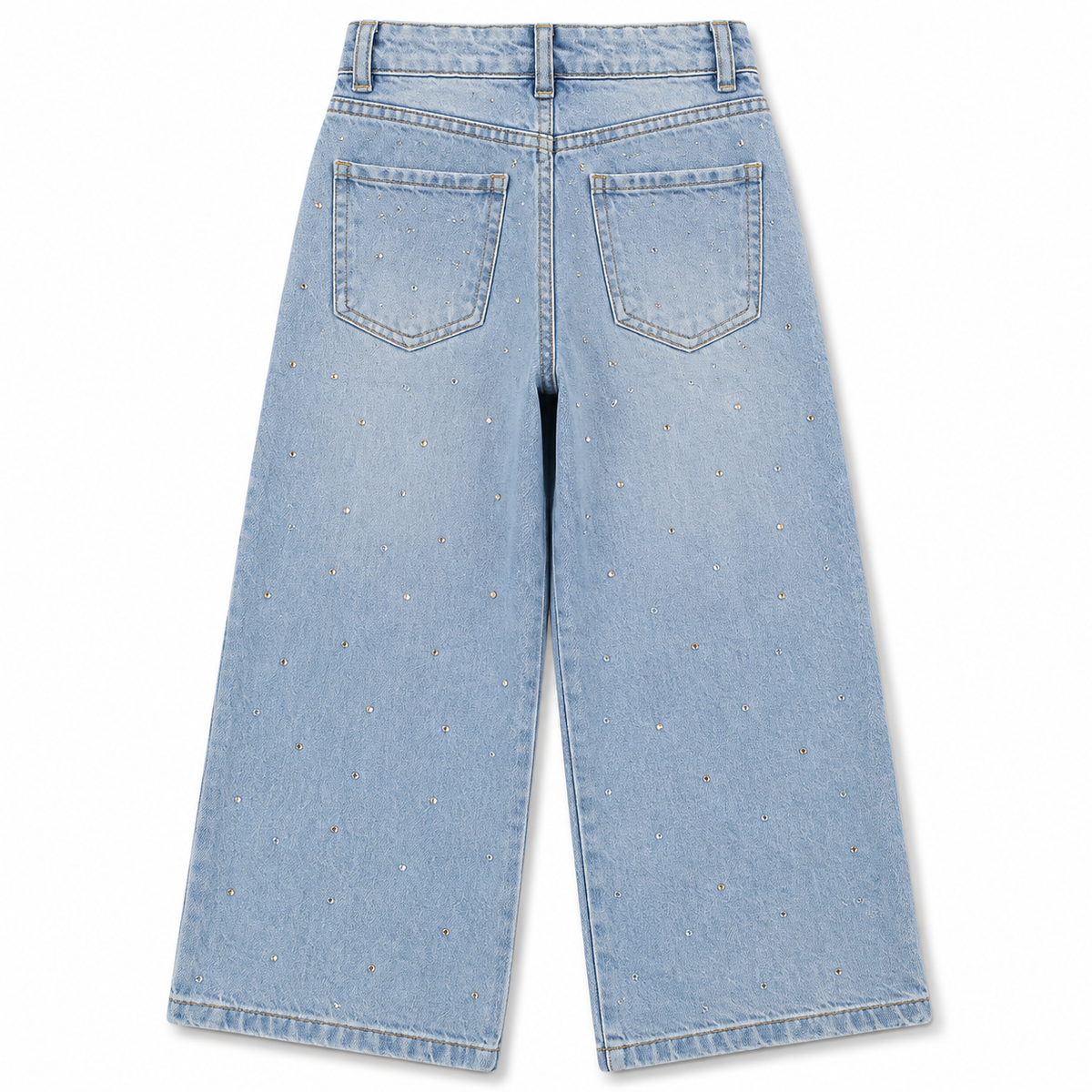 Back view of girls light blue wide-leg denim jeans with patch pockets and scattered sparkling embellishments