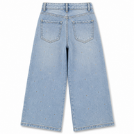 Back view of girls light blue wide-leg denim jeans with patch pockets and scattered sparkling embellishments