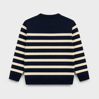 Back view of a boys Atlantic Navy and cream striped acrylic sweater displaying horizontal stripes across the body and sleeves.