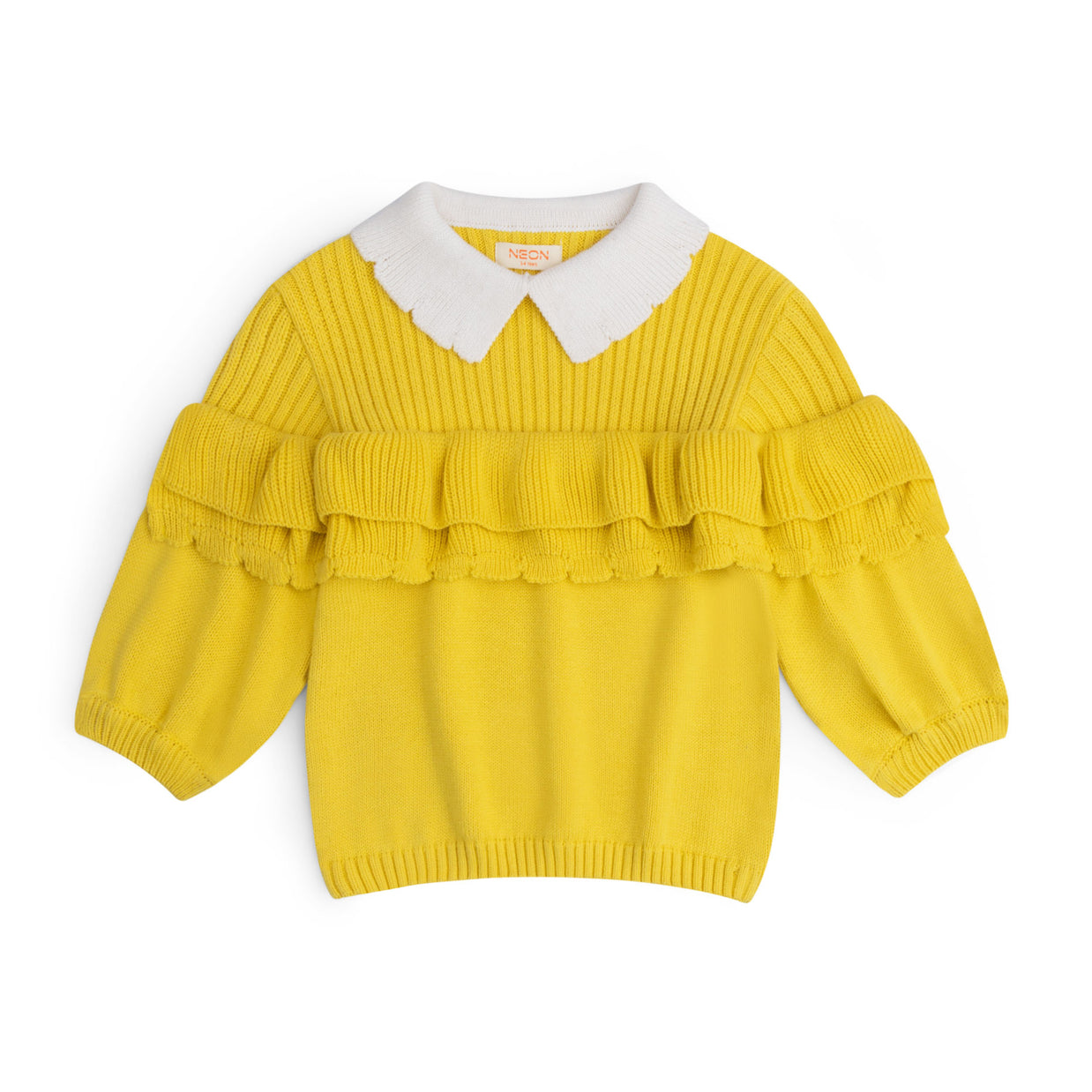 Girls yellow cotton sweater featuring layered ruffles, a contrast white scalloped collar, balloon sleeves and ribbed edges.