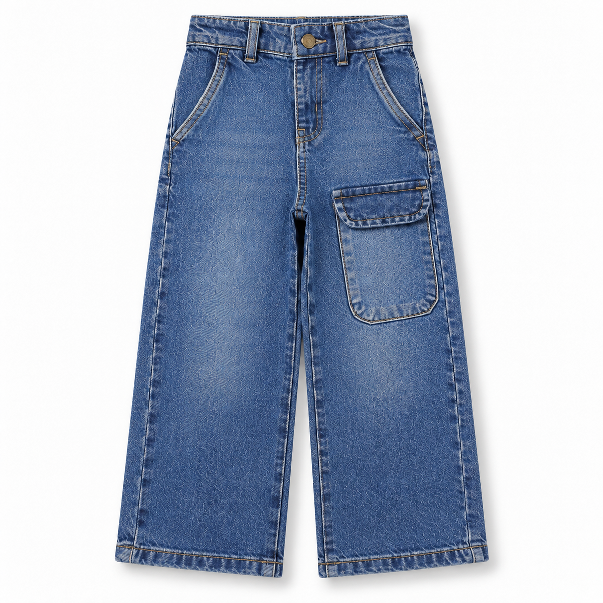 Front view of boys and girls medium blue washed wide leg jeans with large front patch pockets