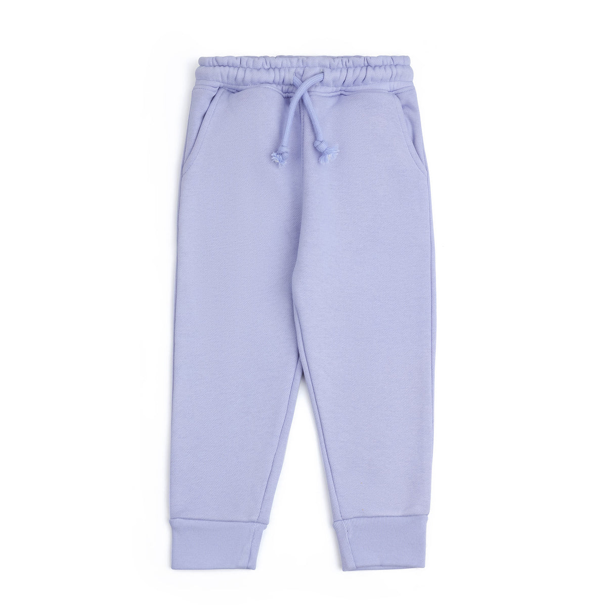 Lavender fleece joggers for kids with an elasticated waistband, matching drawstring, side pockets and ribbed ankle cuffs.