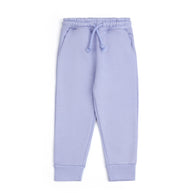 Lavender fleece joggers for kids with an elasticated waistband, matching drawstring, side pockets and ribbed ankle cuffs.