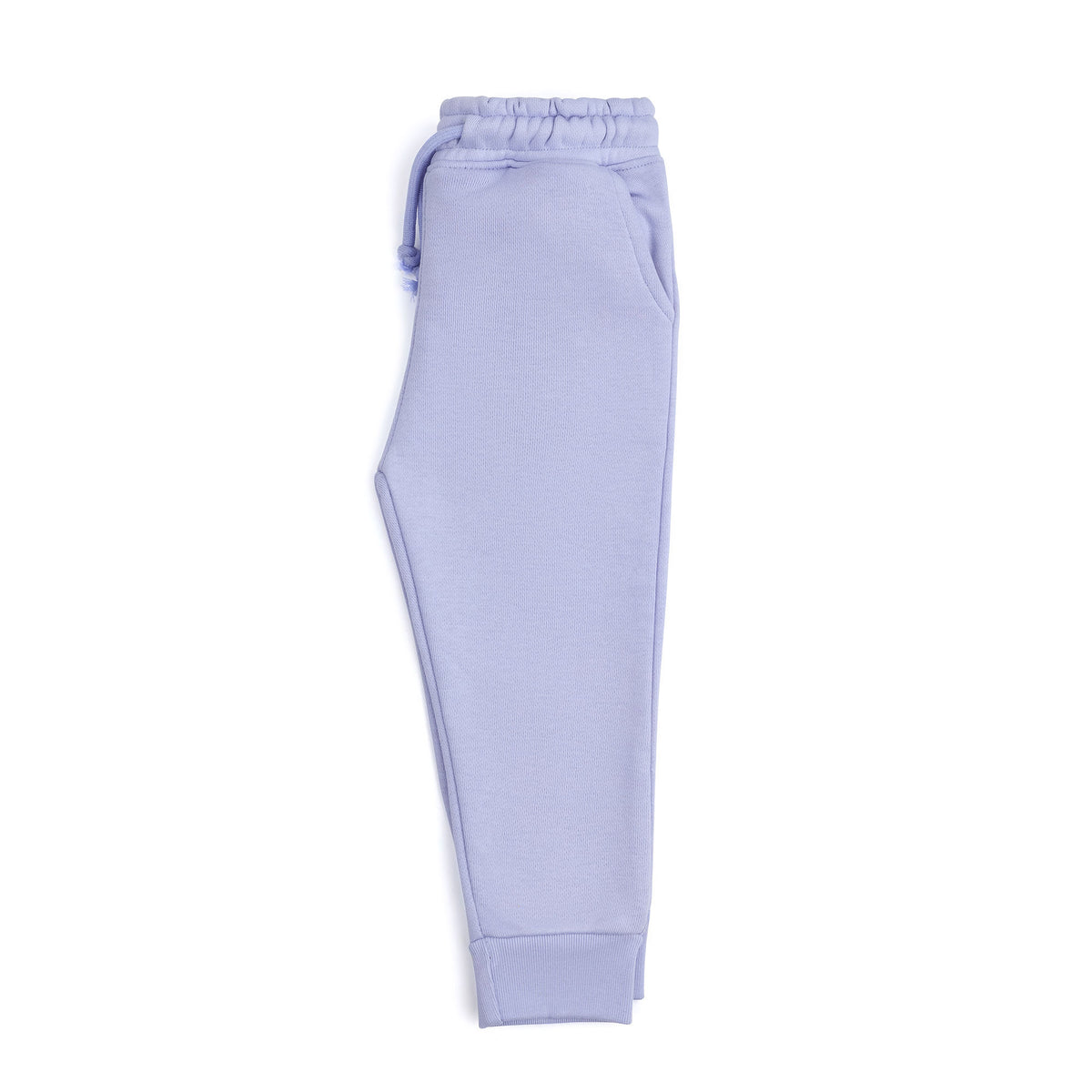 Side view of the kids lavender fleece joggers showing the side pocket, regular fit and ribbed ankle cuff.
