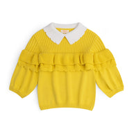 Girls yellow cotton sweater featuring layered ruffles, a contrast white scalloped collar, balloon sleeves and ribbed edges.
