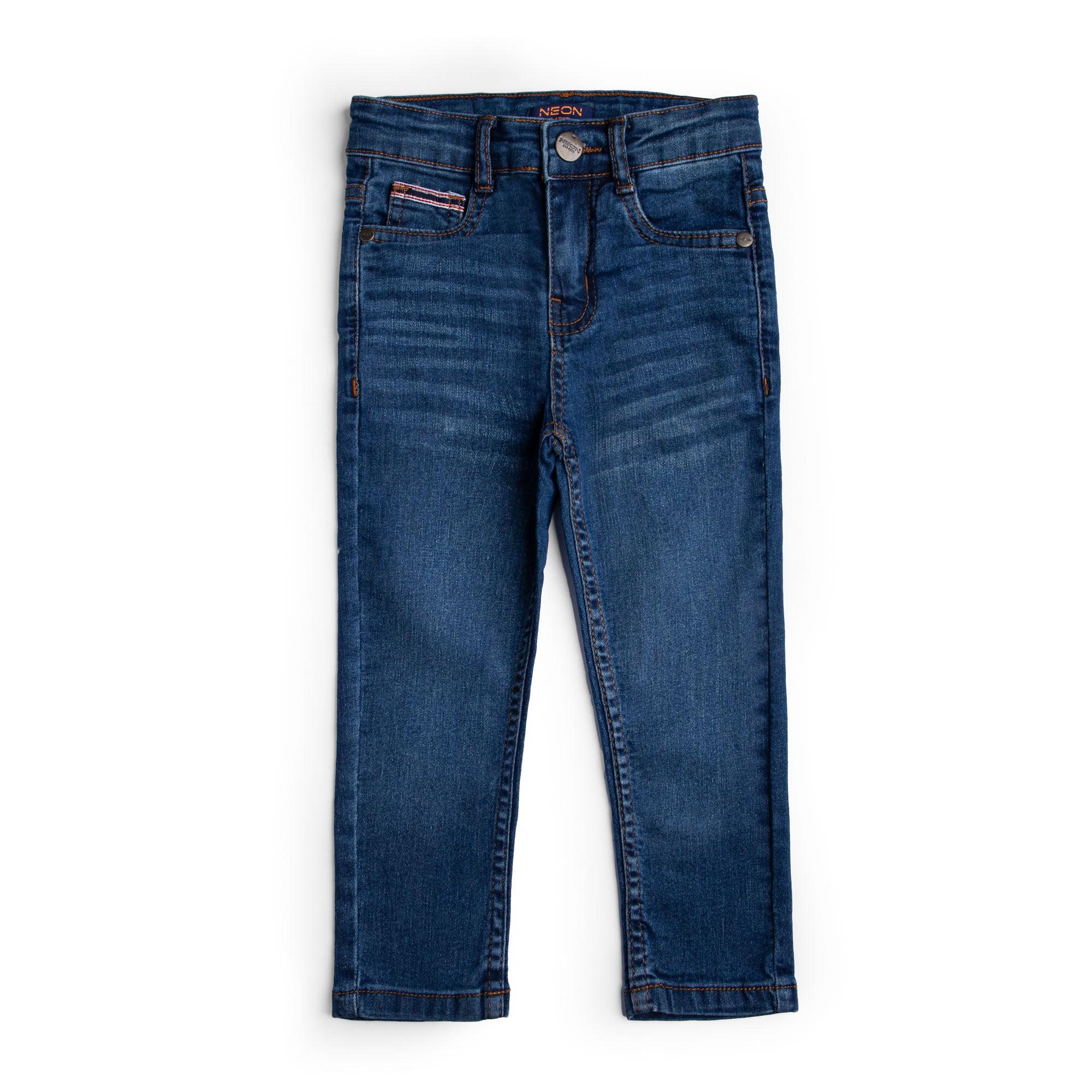 Dark wash denim for kids with a slim fit, faded detailing, button fastening, belt loops and five-pocket design.
