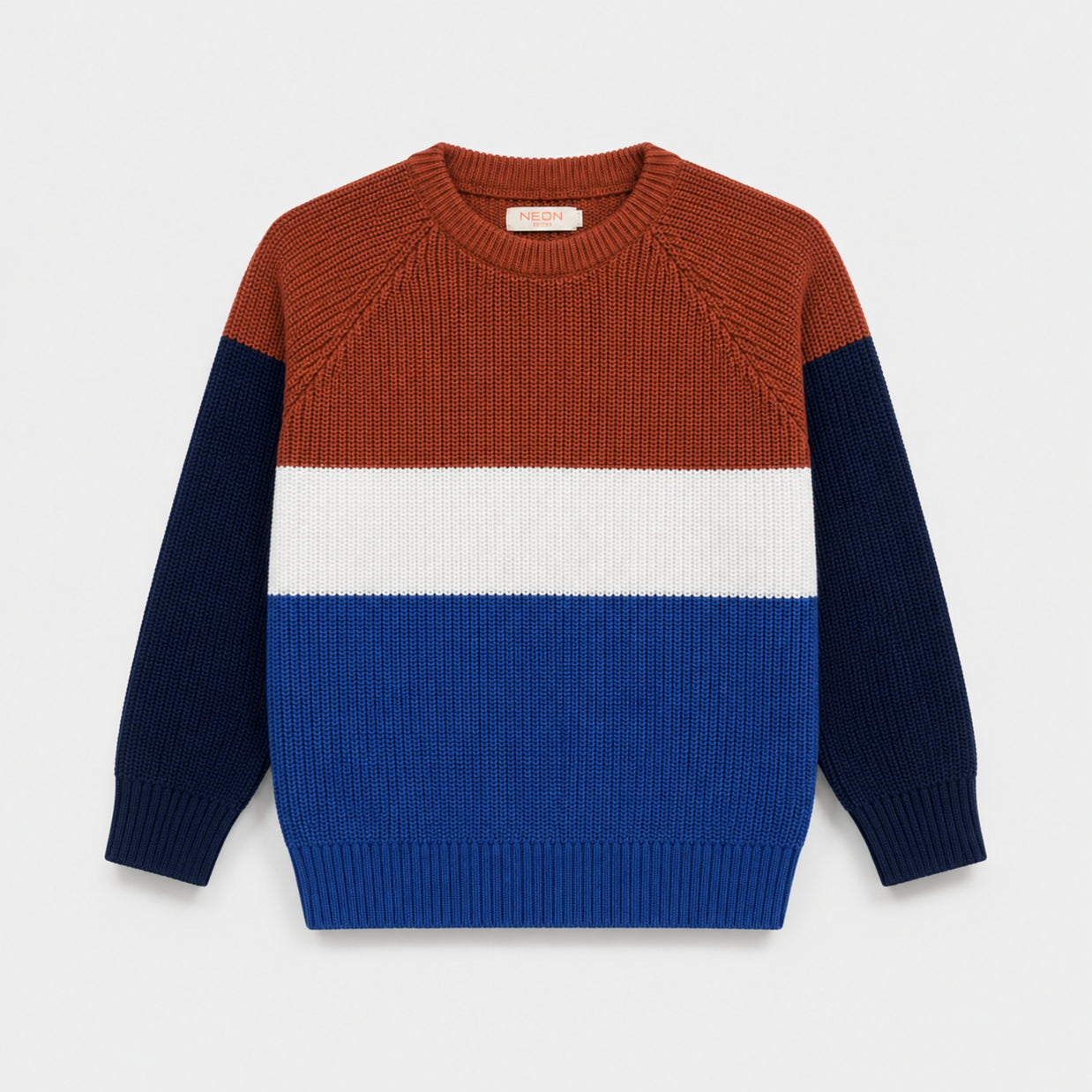 Front view of the Color Block Sweater for boys, featuring rust, white, royal blue and Navy blue sections with raglan sleeves and ribbed finishes.