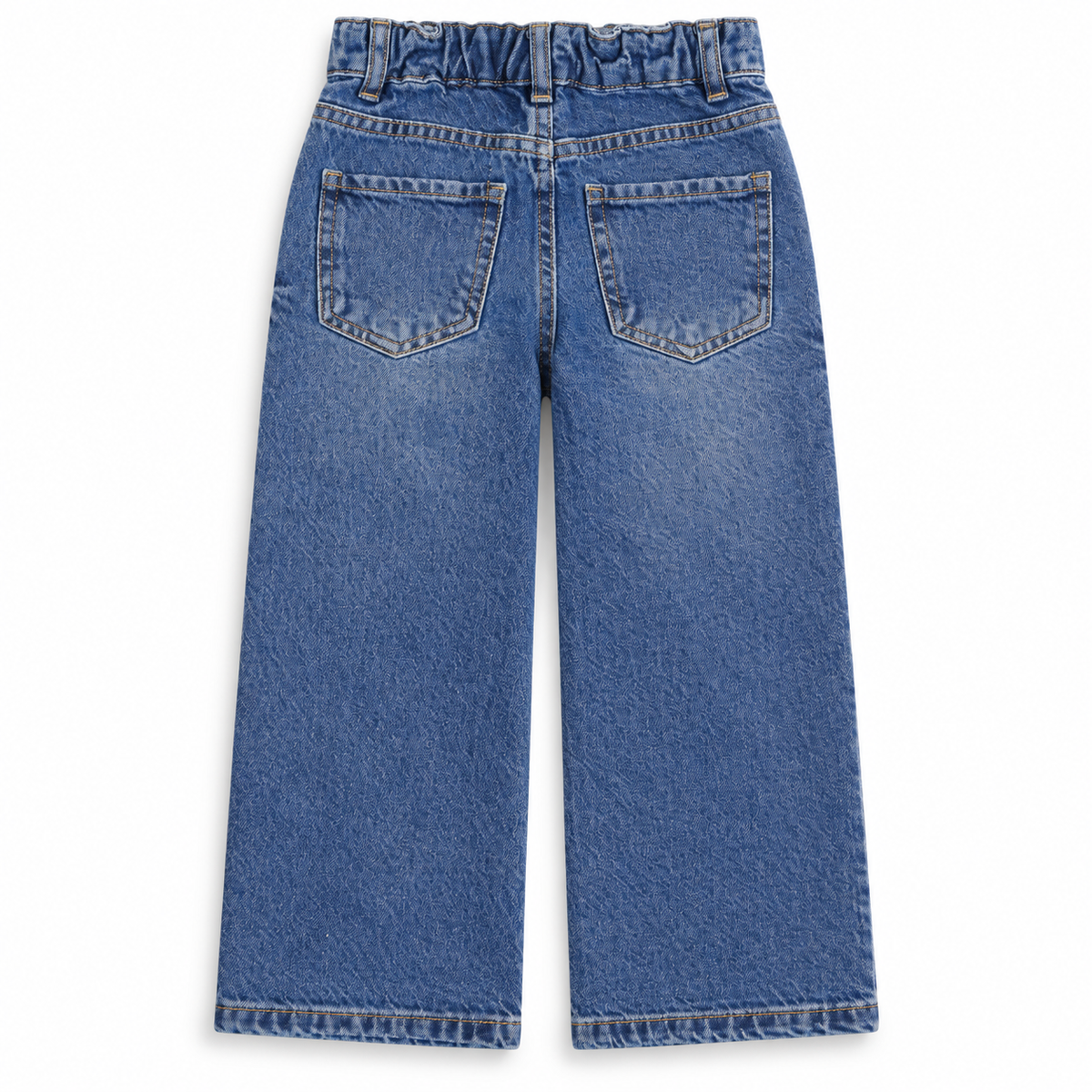 Back view of boys and girls medium blue washed wide leg jeans with two back patch pockets
