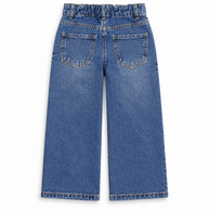 Back view of boys and girls medium blue washed wide leg jeans with two back patch pockets